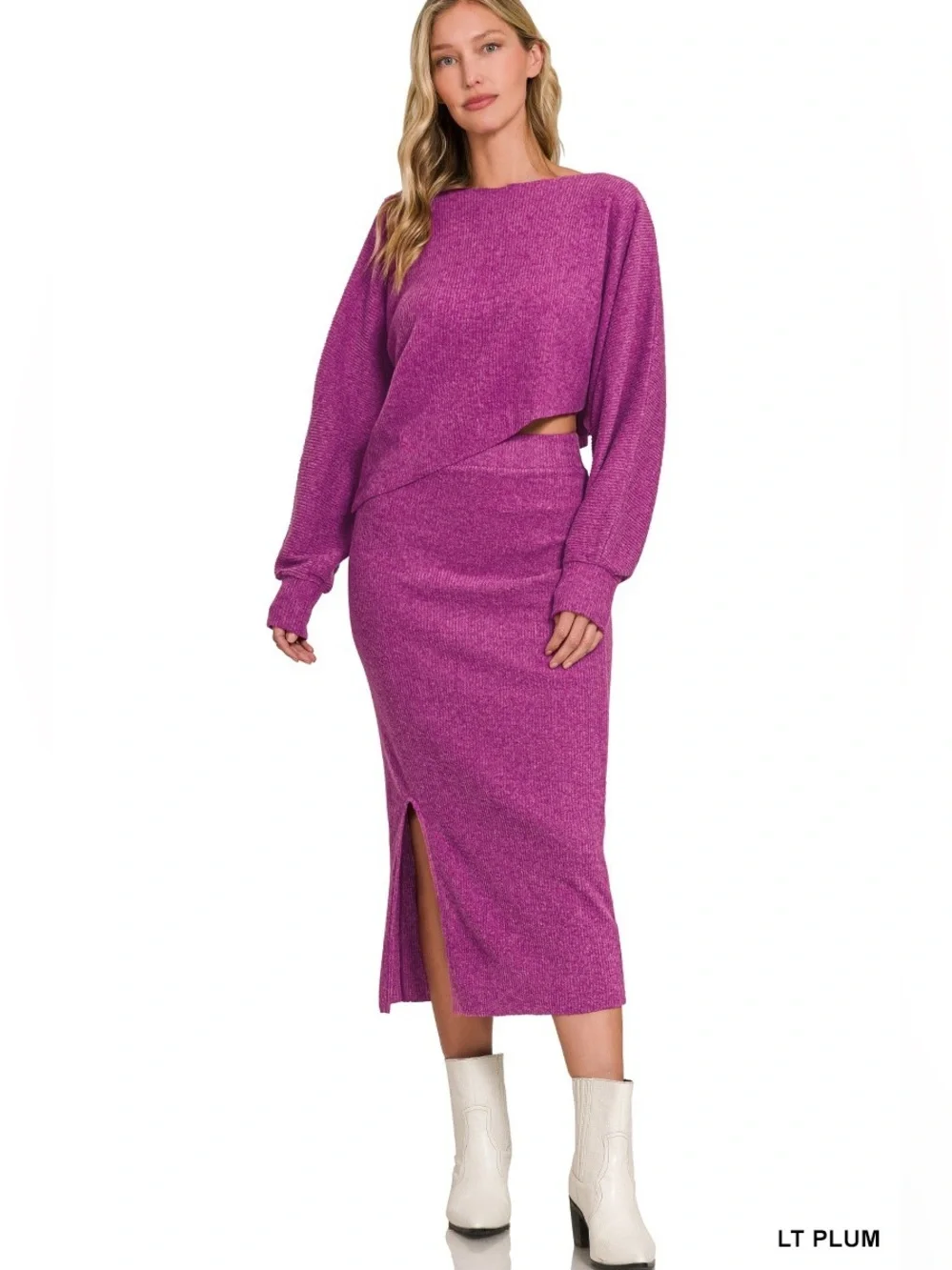 Zenana Light Plum Cozy Knit Sweater Midi Skirt 2 Piece Matching Set NWOT